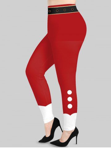Plus Size Christmas Santa Claus's Colorblock Buckle Belt 3D Print Leggings - RED - 1X