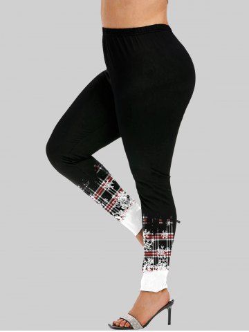 Plus Size Christmas Snowflake Plaid Colorblock Print Leggings - BLACK - 3X
