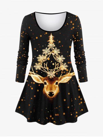 Plus Size Christmas Elk Star Wreath Glitter 3D Print Long Sleeve T-shirt