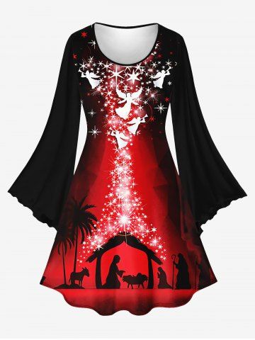 Plus Size Flare Sleeves Glitter Sparkling Stars Angels Coconut Tree Greeting Birth Graphic Print Christmas Ombre A Line Dress - DEEP RED - S