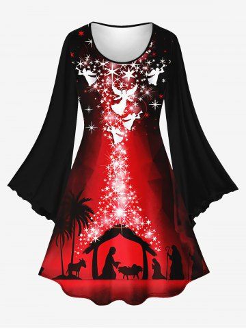 Plus Size Flare Sleeves Glitter Sparkling Stars Angels Coconut Tree Greeting Birth Graphic Print Christmas Ombre A Line Dress - DEEP RED - L