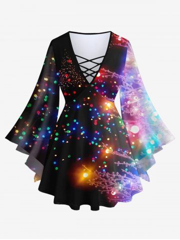 Plus Size Glitter Sparkling Sequins Light Tree Branch Print Christmas Lattice Long Flare Sleeves Top - MULTI-A - 2X
