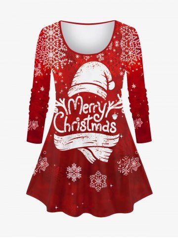 Plus Size Christmas Hat Elk Horn Snowflake Letters Print Long Sleeve T-shirt - DEEP RED - S
