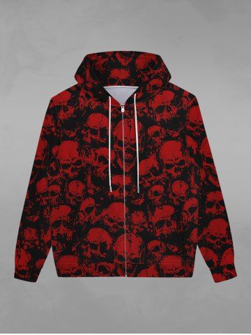 Gothic Bloody Skulls Printed Full Zipper Pockets Drawstring Halloween Hoodie For Men