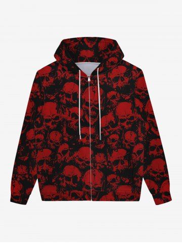 Gothic Bloody Skulls Printed Full Zipper Pockets Drawstring Halloween Hoodie For Men - DEEP RED - 3XL
