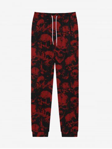 Gothic Bloody Skulls Print Pockets Drawstring Halloween Sweatpants For Men - DEEP RED - XL