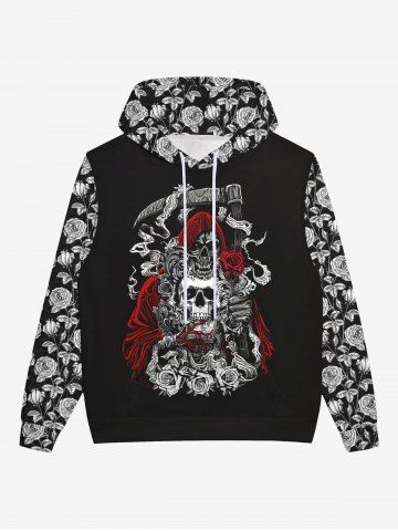 Gothic 3D Rose Flower Leaf Skulls Wizard Sickle Print Pocket Fleece Lining Drawstring Halloween Hoodie For Men - BLACK - L