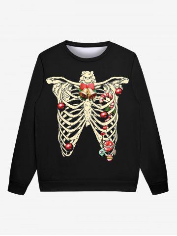 Gothic 3D Skeleton Christmas Ball Bell Candy Print Long Sleeves Pullover Sweatshirt For Men - BLACK - XL