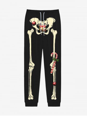 Gothic 3D Skeleton Christmas Ball Bell Candy Print Pocket Drawstring Sweatpants For Men