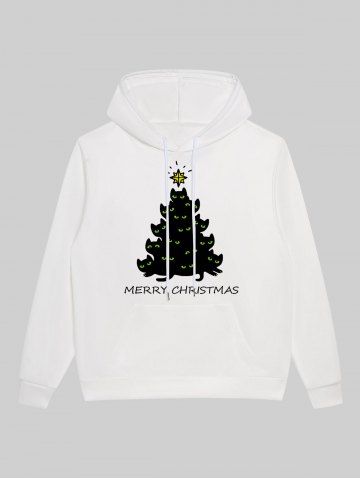 Gothic Cat Christmas Tree Stars Letters Print Pocket Drawstring Fleece Lining Pullover Hoodie For Men - WHITE - M