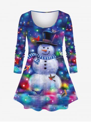 T-shirt 3D Boule Bonhomme de Neige et Oiseaux Imprimés de Noël de Grande Taille à Paillettes - MULTI-A - M