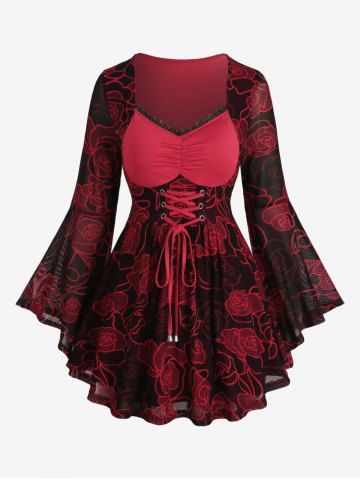 Plus Size Grommets Lace-up Floral Mesh Lace Trim Ruched Flare Sleeve Top - RED - 1X | US 14-16