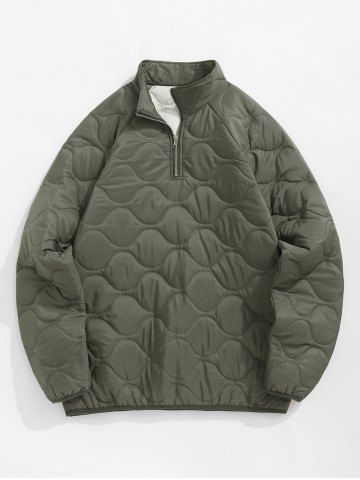 Men's Casual Daily Solid Color Quarter Zip Mock Neck Long Sleeve Pullover Popover Quilted Padded Jacket - GREEN - M