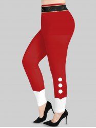 Plus Size Christmas Santa Claus's Colorblock Buckle Belt 3D Print Leggings -  