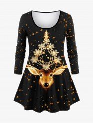 Plus Size Christmas Elk Star Wreath Glitter 3D Print Long Sleeve T-shirt -  