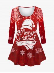T-shirt Cerf de Noël et Flocon de Neige Imprimés à Manches Longues de Grande Taille - Rouge foncé 3X