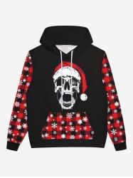 Gothic Christmas Hat Skull Plaid Snowflake Print Pocket Drawstring Fleece Lining Pullover Hoodie For Men -  