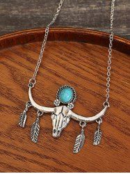 Bull Head Feather Shaped Turquoise Vintage Pendant Necklace -  