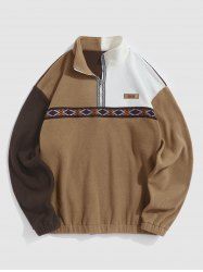 Colorblock Polar Fleece Ethnic Aztec Printed Letter Patched Quarter Zip Sweatshirt -  