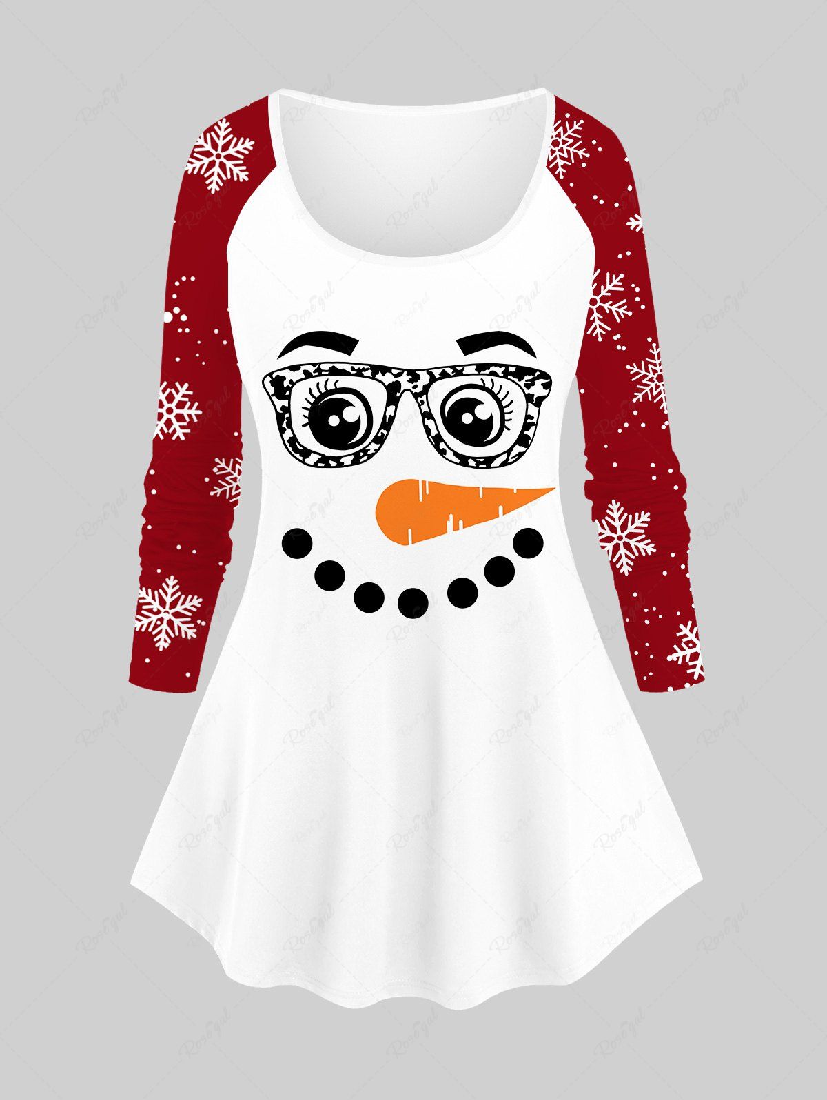 Affordable Plus Size Christmas Snowman Face Glasses Carrot Nose Colorblock Snowflake Print Raglan Sleeves T-shirt  