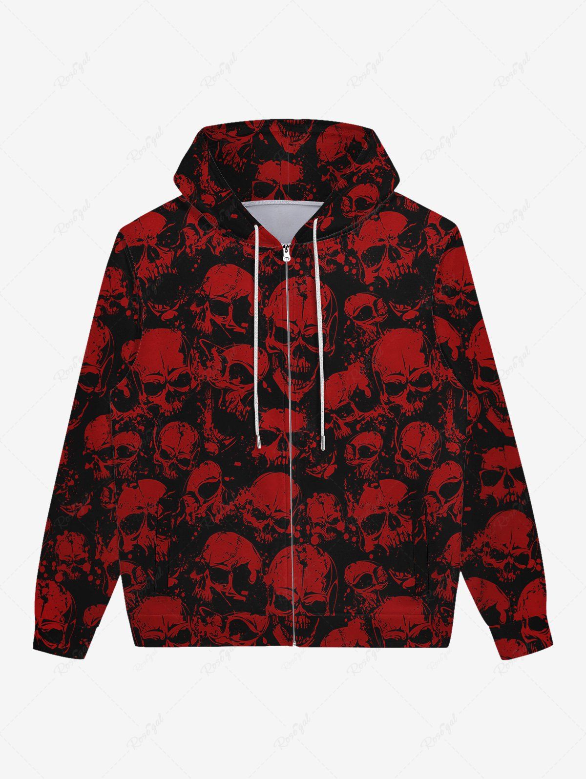 Hot Gothic Bloody Skulls Printed Full Zipper Pockets Drawstring Halloween Hoodie For Men  