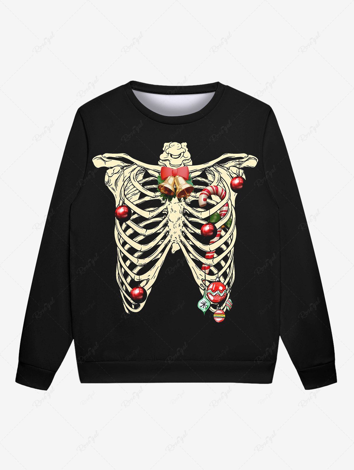 New Gothic 3D Skeleton Christmas Ball Bell Candy Print Long Sleeves Pullover Sweatshirt For Men  