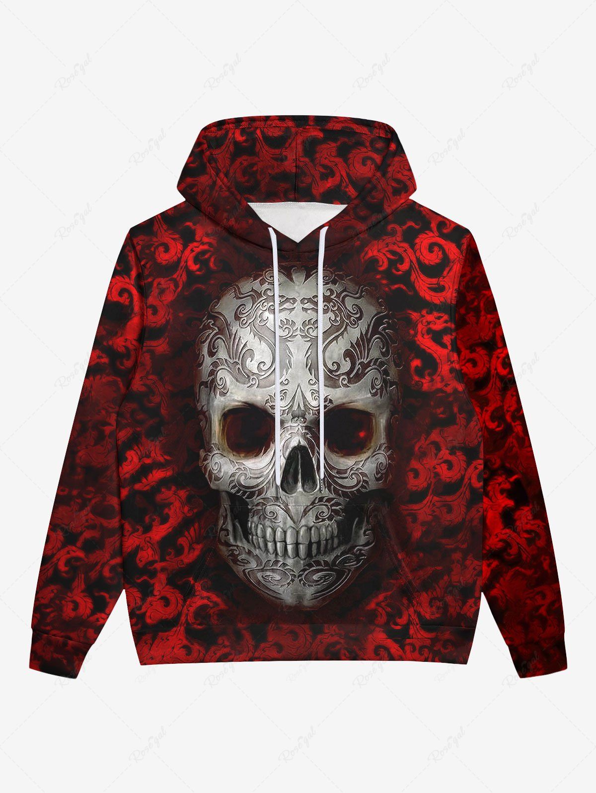 Outfits Gothic 3D Skulls Dragons Print Pocket Drawstring Ombre Halloween Fleece Lining Hoodie For Men  