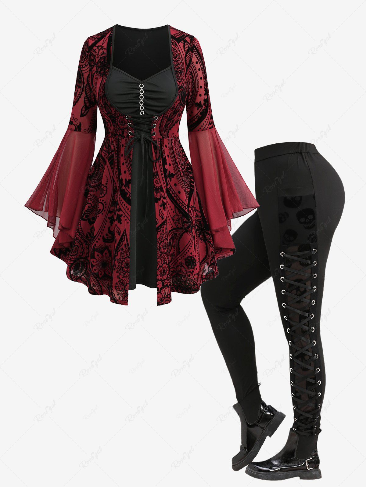 Latest Plus Size Lace Up O-ring Chain Ruched Paisley Printed Mesh Bell Sleeve T-shirt and Skull Grommets Lace Up Leggings Outfit  