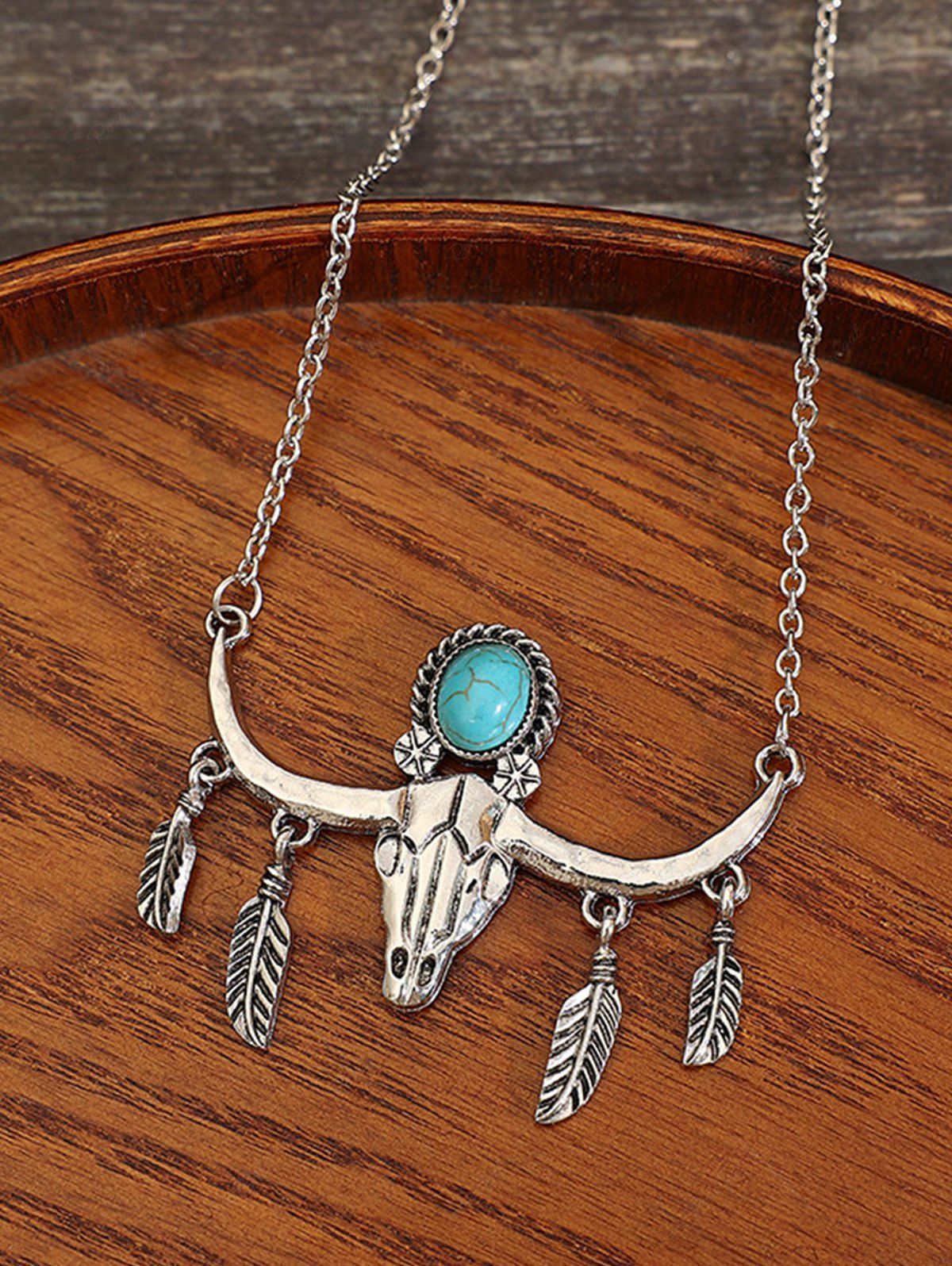 Shops Bull Head Feather Shaped Turquoise Vintage Pendant Necklace  