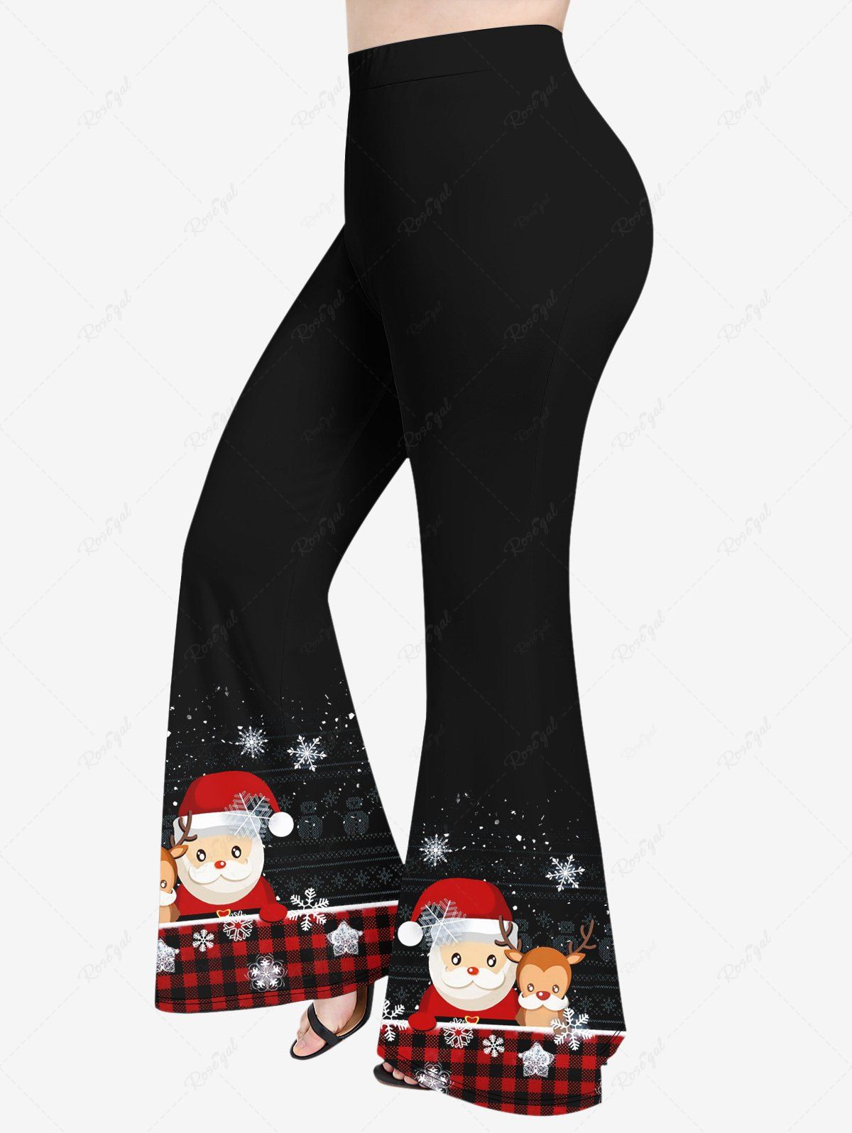 Outfit Plus Size Snowflake Santa Claus Elk Plaid Print Christmas Pull On Flare Pants  