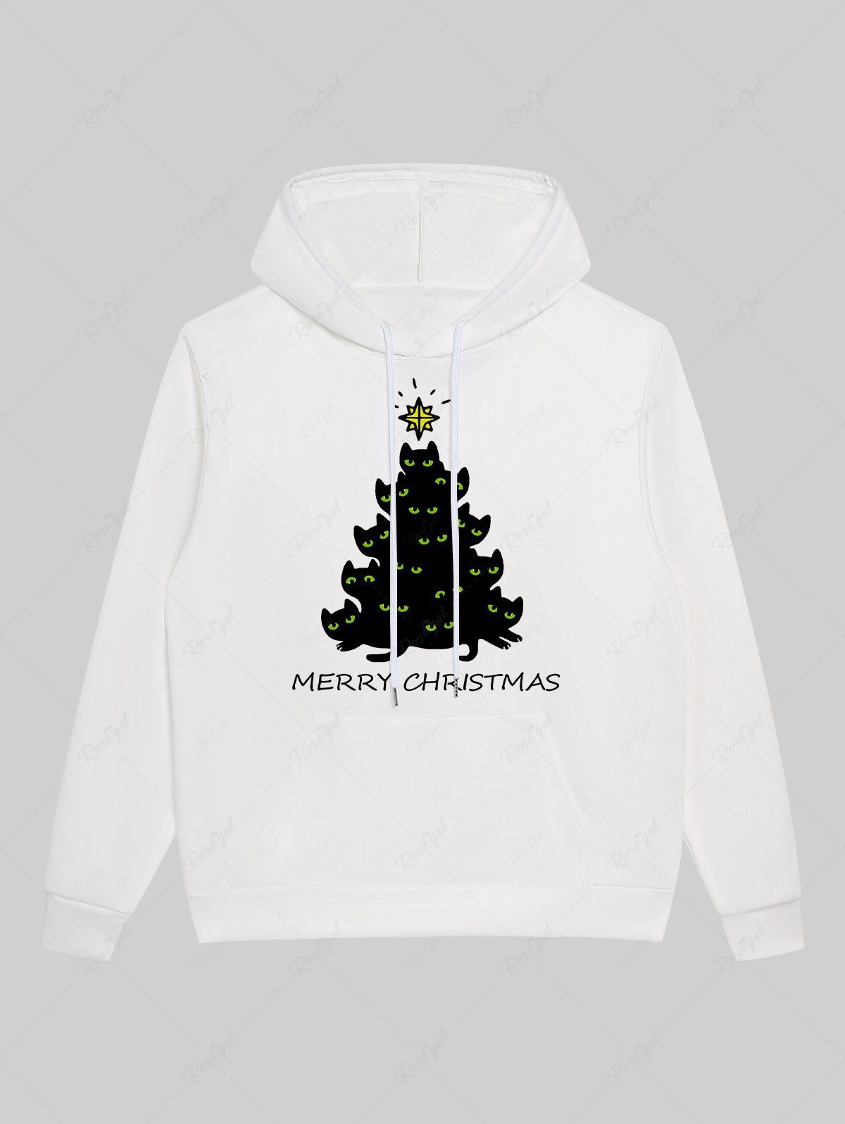 Outfits Gothic Cat Christmas Tree Stars Letters Print Pocket Drawstring Fleece Lining Pullover Hoodie For Men  