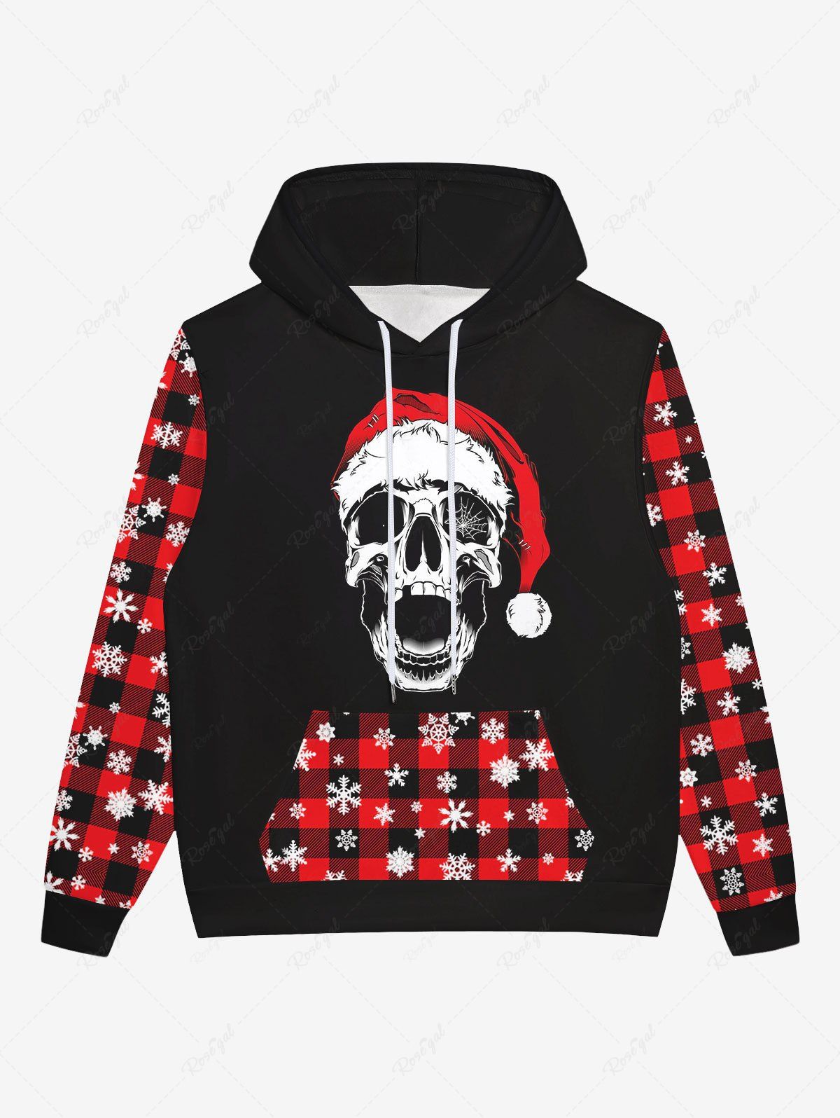 Outfits Gothic Christmas Hat Skull Plaid Snowflake Print Pocket Drawstring Fleece Lining Pullover Hoodie For Men  
