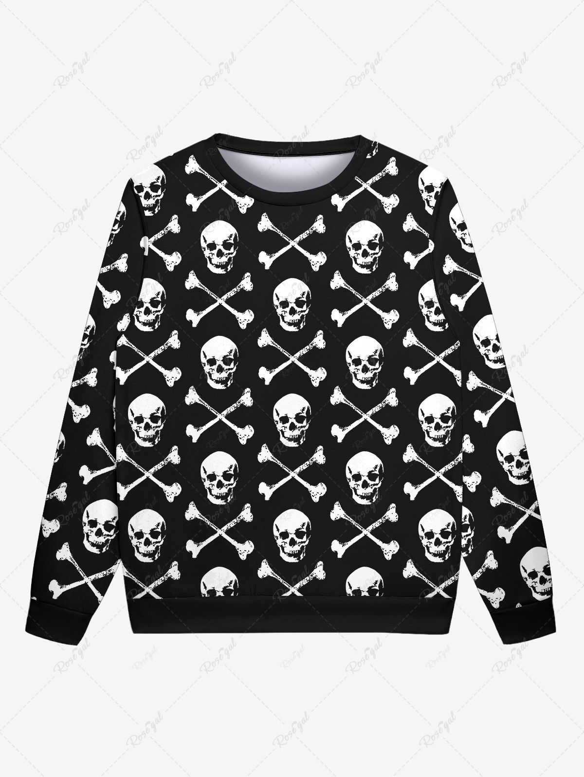 Sweatshirt Gothique D'Halloween Crâne Os Imprimés à Manches Longues pour Homme Noir 3XL