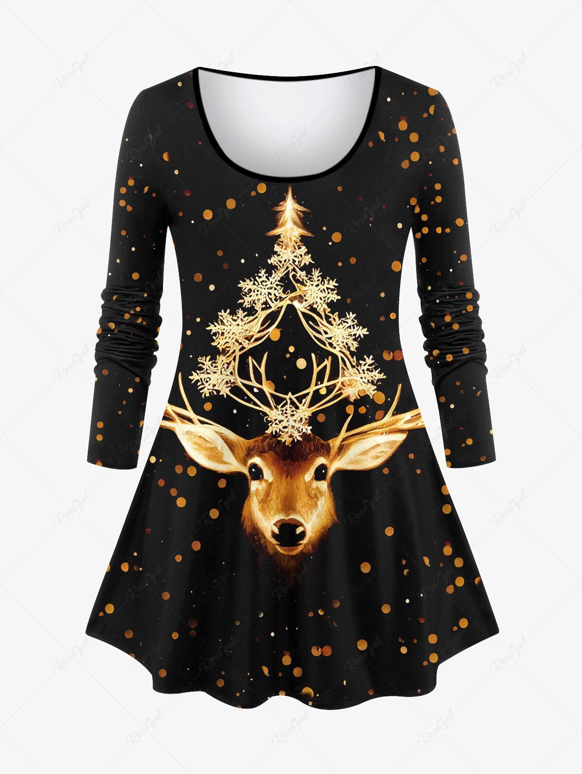 Store Plus Size Christmas Elk Star Wreath Glitter 3D Print Long Sleeve T-shirt  