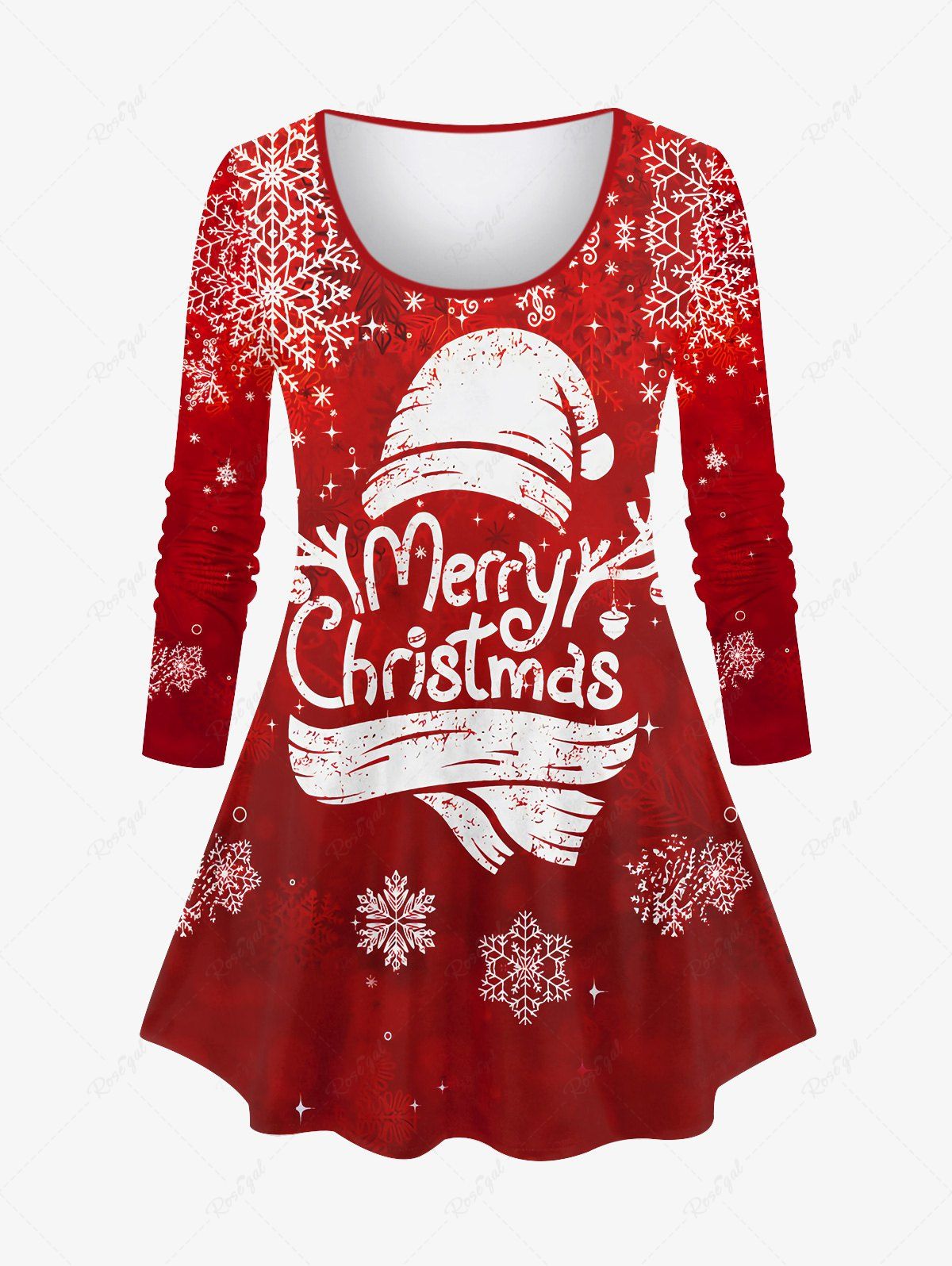 T-shirt Cerf de Noël et Flocon de Neige Imprimés à Manches Longues de Grande Taille Rouge foncé 6X