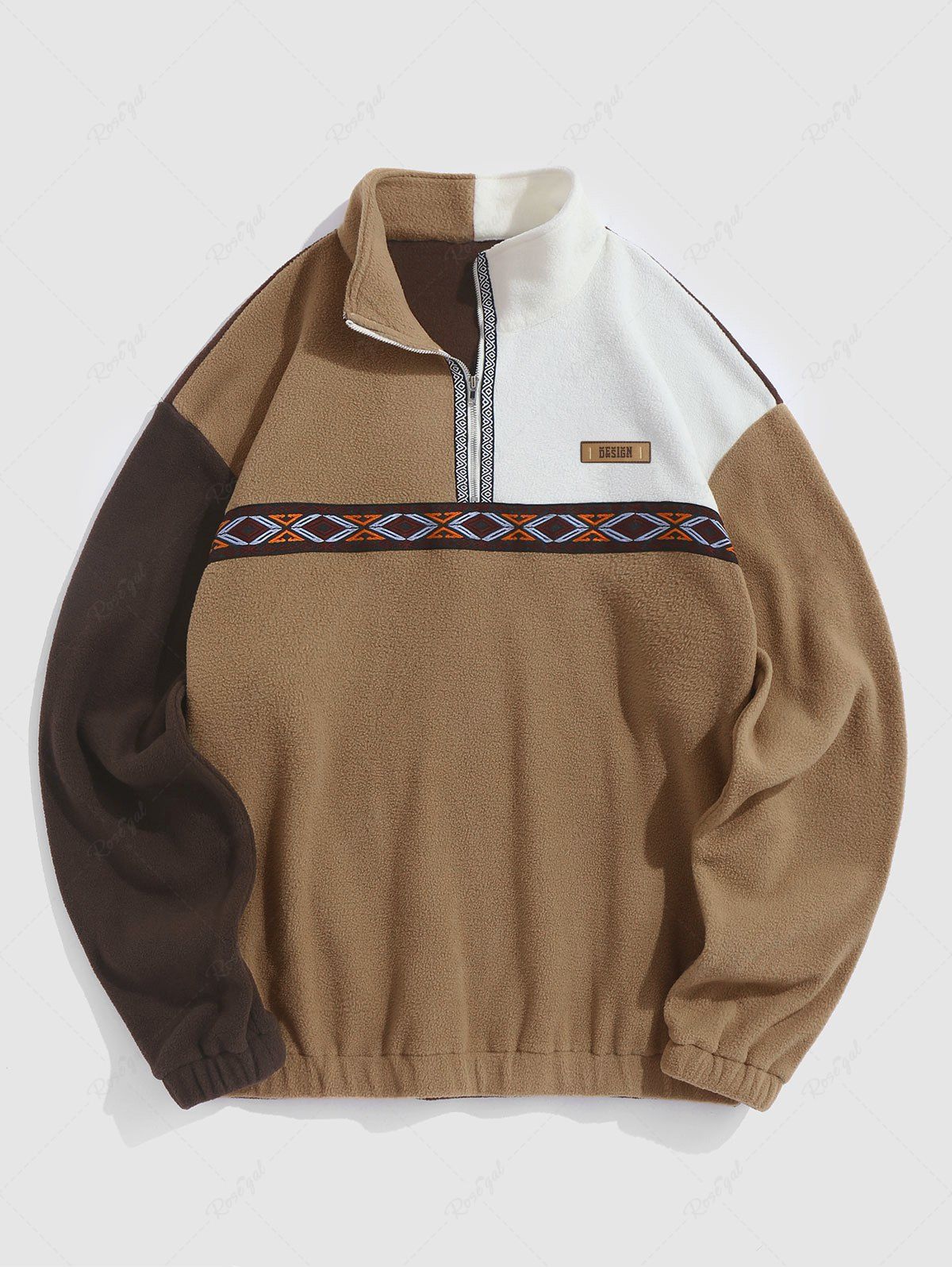 Unique Colorblock Polar Fleece Ethnic Aztec Printed Letter Patched Quarter Zip Sweatshirt  