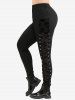 Plus Size Lace Up O-ring Chain Ruched Paisley Printed Mesh Bell Sleeve T-shirt and Skull Grommets Lace Up Leggings Outfit -  