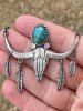 Bull Head Feather Shaped Turquoise Vintage Pendant Necklace -  