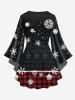 T-shirt Père Noël à Carreaux Flocon de Neige et Cerf Imprimés de Grande Taille à Manches Evasées - Noir L