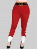 Plus Size Christmas Santa Claus's Colorblock Buckle Belt 3D Print Leggings -  