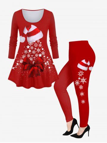 Christmas Tree Hat Snowflake Star Bowknot Printed T-shirt and Leggings Plus Size Matching Set - RED