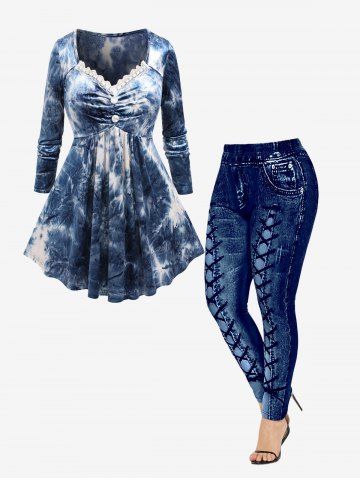 Tie Dye Mock Buttons Lace Trim Ruched Long Sleeves T-shirt and High Waisted 3D Printed Leggings Plus Size Outfit - DEEP BLUE