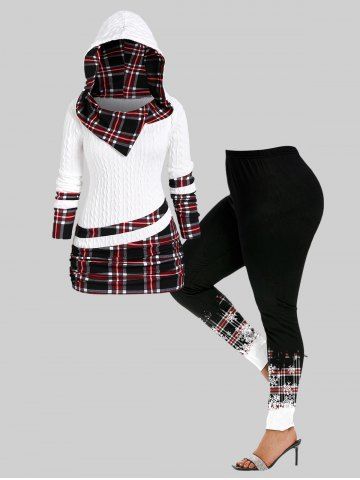 Plus Size Hooded Plaid Ruched Cable Knit Top and Leggings Outfit