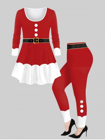 Plus Size Christmas Santa Claus's Colorblock Buttons Buckle Belt 3D Printed T-shirt and Leggings Outfit