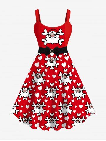 Plus Size Christmas Santa Claus Heart Snowflake Bowknot Belt 3D Print Tank Dress - RED - XS