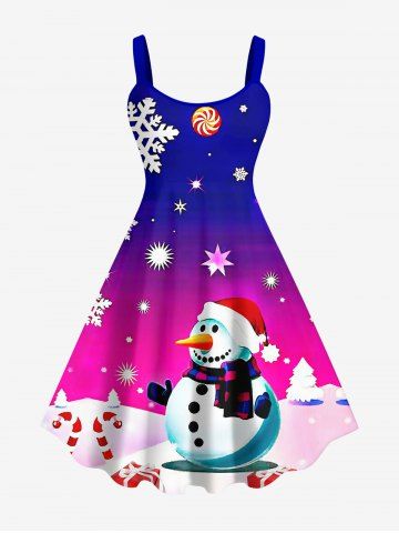 Plus Size Christmas Tree Snowman Star Candy Snowflake Colorblock Print Tank Dress