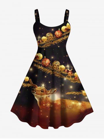 Plus Size Christmas Elk Ball Snowflake Star Glitter 3D Print Tank Dress - DEEP COFFEE - S