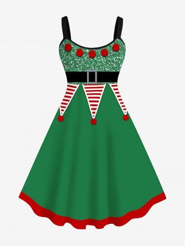Plus Size Christmas Hat Polka Dot Glitter Sequins Buckle Belt Print A Line Tank Dress - DEEP GREEN - S