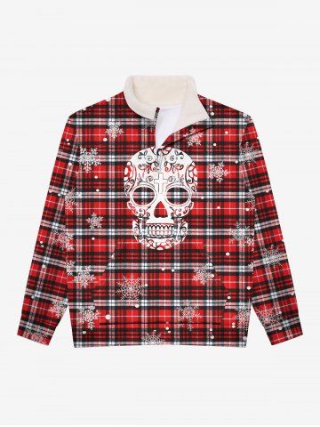 Gothic Fur Stand-up Collar Skulls Snowflake Plaid Print Half Zipper Halloween Pocket Pullover Sweatshirt For Men