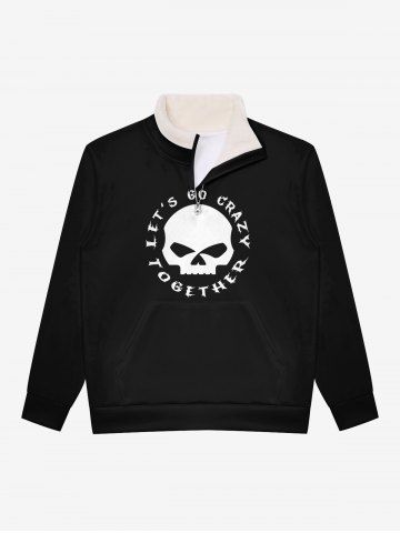 Gothic Faux Fur Stand-up Collar Skull Letters Print Half Zipper Pocket Halloween Pullover Sweatshirt For Men - BLACK - XS